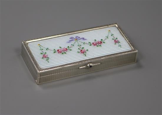 An Edwardian silver and enamel triple compartment stamp box, import marks for London, 1907, 8cm.